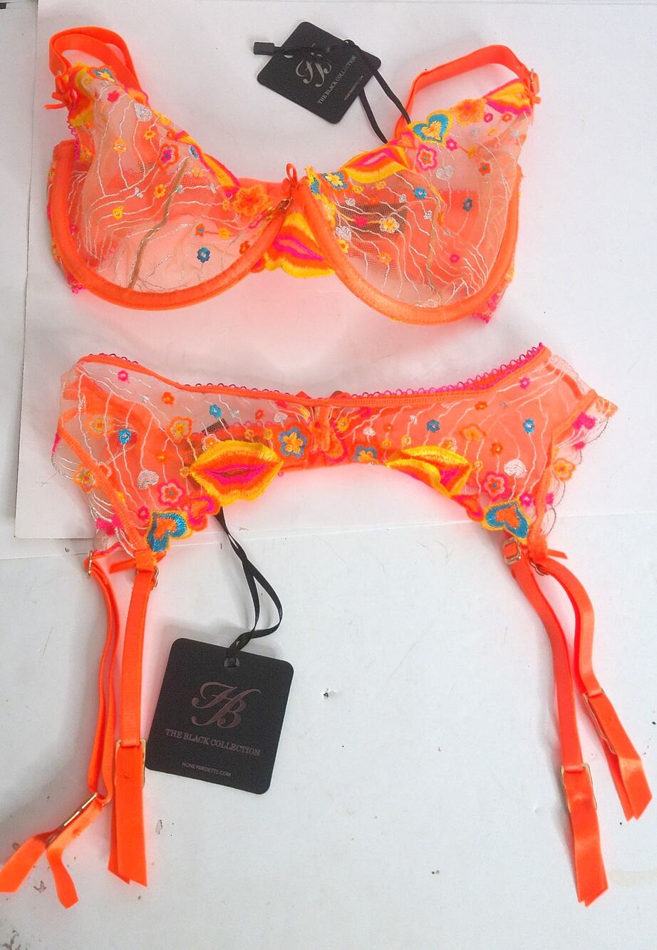 Honey Birdette Dixie Orange Bra 30G And Garter XS Embroidered Sheer 2 Piece Set
